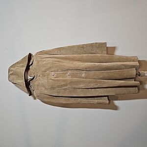 Vintage Vera Pelle Suede Italian Leather Coat Tan Hood Jacket M Pockets Outdoor